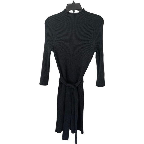 Calvin Klein | Charcoal Gray Ribbed Knit Mock Neck Belted Sweater Dress M - Picture 1 of 9